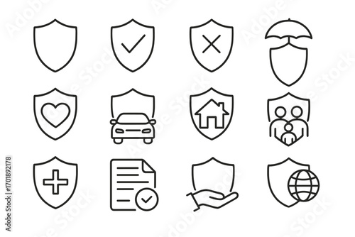 Insurance line icon set. Vector collection of outline signs. Shield, protection, security concepts. Symbols for car, home, family, health, and travel insurance policy.