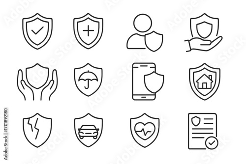 Insurance and protection line icon set. Vector outline symbols for web design. Shield signs for safety, security, health, life, car, home, and property insurance policy.