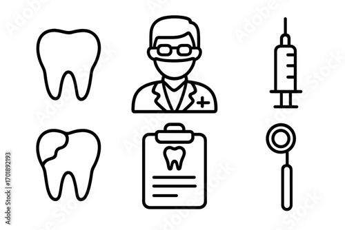 Dentist icon set outline symbols. Dental care vector icons. Teeth, doctor, syringe, caries, clinic chart, and mirror. Stomatology and medical healthcare concept icons.