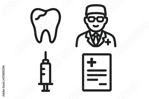 Dentistry icon set. Dental care and stomatology line icons. Tooth, dentist, doctor, syringe for injection, medical prescription signs. Healthcare vector symbols for infographic.