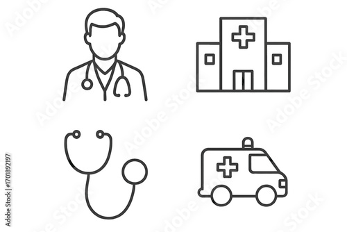 Medical and healthcare thin line icon set. Doctor, hospital, ambulance, stethoscope linear symbols. Emergency service, clinic, physician, diagnosis vector illustration.