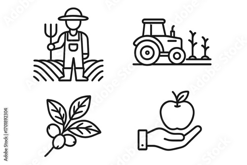 Agriculture line icon set with farmer, tractor, coffee, and apple symbols. Farming and harvest concept. Rural cultivation and organic food outline vector pictograms. Editable stroke.