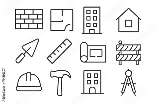 Building & construction line icons set. Architecture, engineering symbols. Vector collection of brick wall, floor plan, house, tools, hard hat, blueprint & barrier signs.