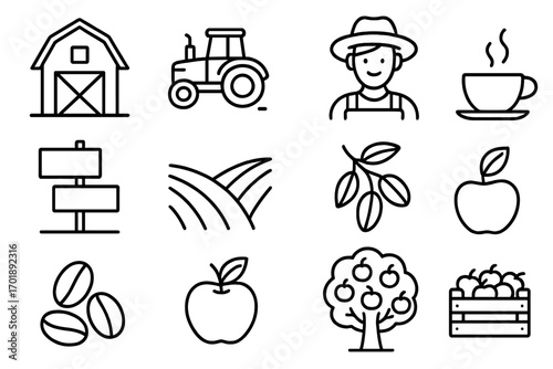 Farming and agriculture outline icon set. Farmer, tractor, barn, and harvest symbols. Apple orchard, coffee bean, and fresh fruit concepts. Rural country life vector illustration.