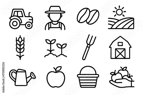 Farming and agriculture line icon set. Farmer, tractor, barn, harvest symbols. Vector collection of coffee, apple, wheat, and field icons for rural cultivation concepts.