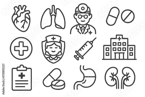 Medical and healthcare line icon set. Icons include doctor, nurse, clinic, heart, lungs, kidneys, stomach. Syringe, pills, medicine, diagnosis and treatment symbols.