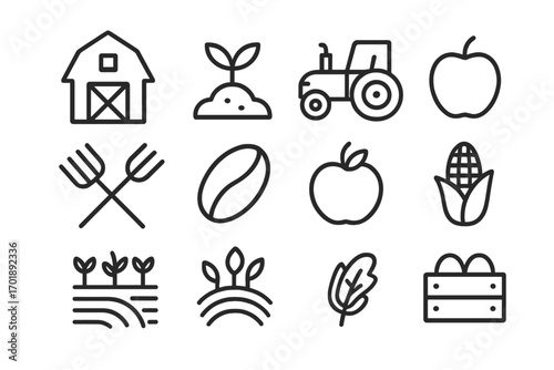 Harvest and farming vector line icon set. Agriculture concepts with barn, tractor, coffee bean, apple, corn, and crop field. Simple outline symbols with editable stroke.