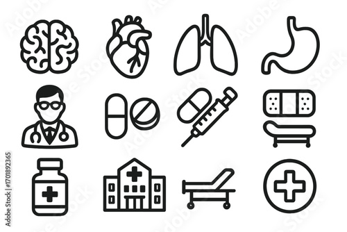 Medical and healthcare line icon set. Vector collection of hospital, clinic, doctor, and pharmacy symbols. Includes brain, heart, lungs, stomach organs, pills, and syringe.