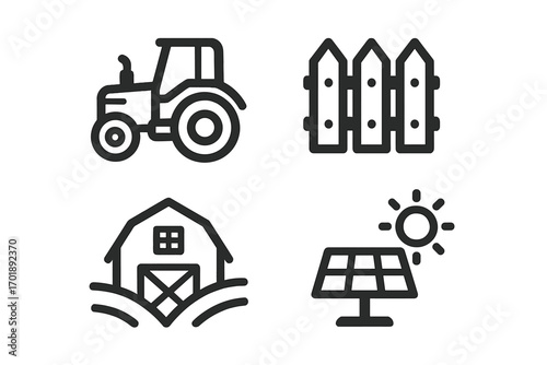 Agriculture icon set simple outline. Farming vector symbols bundle. Tractor, barn, fence, solar panel. Sustainable eco friendly energy. For apps, web, infographics.