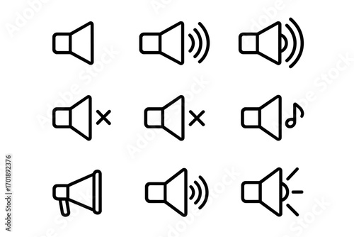Audio speaker line icon set. Sound volume control symbols. Mute, unmute, music note, megaphone, alert outline pictograms for UI, UX, web, mobile app. Vector graphic.