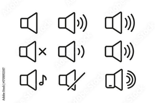 Speaker volume line icon set. Audio sound control pictogram collection. Loudspeaker, megaphone, music, mute and silent symbols for web design, UI, UX, apps and interface.