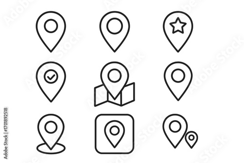 Location pin line icon set. GPS map marker pack. Navigation pointer, destination tag, favorite star and checkmark symbol. UI UX graphic element for website and mobile app.