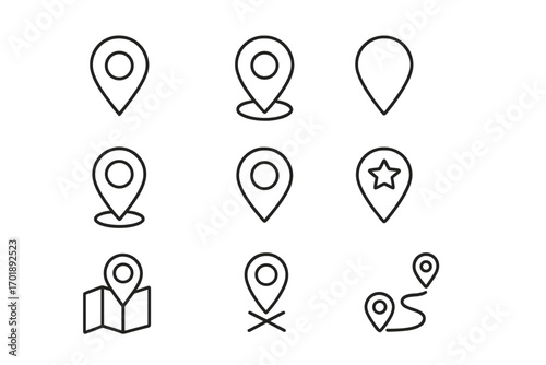 Map pin line icon pack. Location marker, navigation pointer, and GPS destination signs. Simple outline vector symbols for UI, UX, web, and app design. Route and favorite.