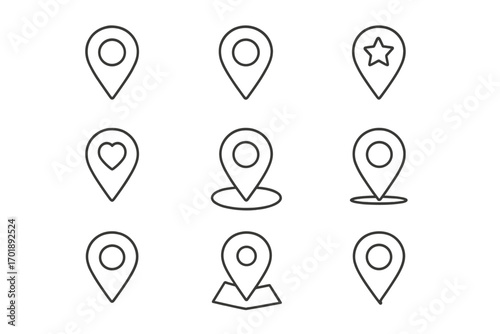 Map pin line icon set. Location marker, pointer collection for web and graphic design. GPS navigation, destination, and place symbols. Favorite star and heart icons.