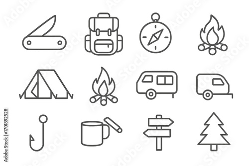 Camping and hiking line icon set for outdoor adventure. Vector symbols collection includes tent, campfire, backpack, compass, camper van, knife, and forest tree signs.