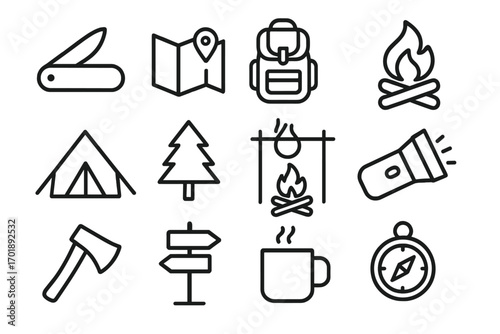 Camping line icon set. Hiking, travel, adventure outline pictograms. Outdoor tourism and survival gear concept. Vector symbols for web, apps. Tent, campfire, map, compass.