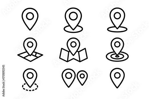 Map pin line icon set. Location marker and navigation pointer symbols. Outline GPS signs for web design, apps, UI, UX. Vector graphic element for destination and address.