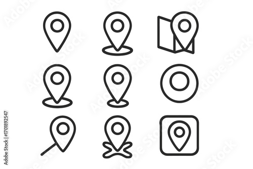 Map pin thin line icon set. Location marker and GPS navigation signs for web and graphic design. Vector symbol collection for apps, destination point, and travel concepts.