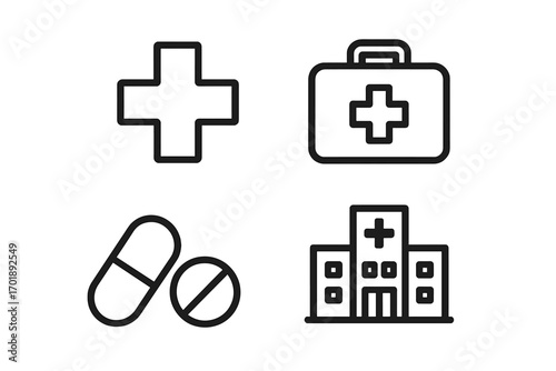 Medical and healthcare line icon set. Vector collection of outline symbols including hospital, first aid kit, cross, pills, and medicine for pharmacy and emergency treatment.