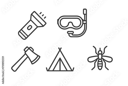 Camping and outdoor adventure line icon set. Vector collection for web and apps. Includes tent, axe, flashlight, diving mask and insect symbol. Outline pictogram pack.