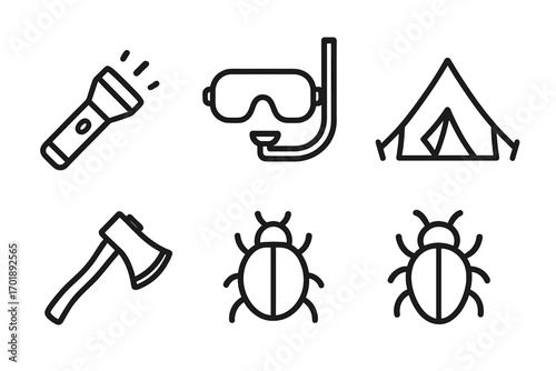 Camping & outdoor adventure icon set. Icons for hiking, travel, and recreation. Includes flashlight, diving mask, snorkel, tent, axe, insect, bug. Vector line art symbols.
