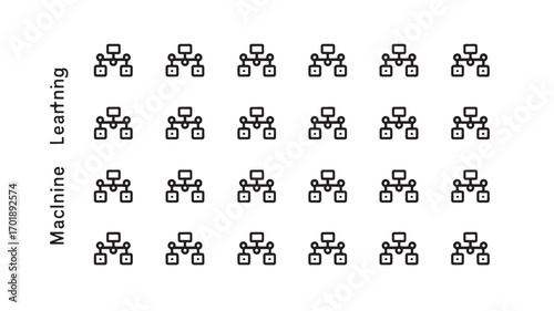 Machine learning concept icons representing artificial intelligence big data and algorithms displayed in a grid pattern for data visualization purposes