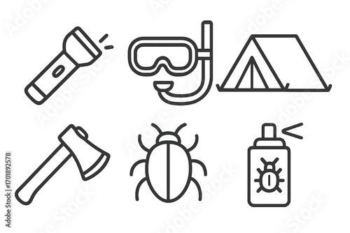 Camping line icon set. Outdoor adventure, travel, hiking equipment symbols. Collection of vector pictograms: flashlight, diving mask, tent, axe, insect, bug repellent spray.