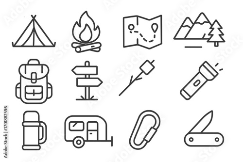 Camping and hiking outline icon set. Vector symbols for outdoor adventure, travel, and tourism. Includes tent, campfire, map, mountains, backpack, flashlight, camper.