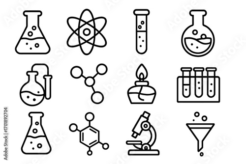 Chemistry science lab research outline icons set. Vector line art illustration for education, experiment. Includes atom, molecule, flask, test tube, microscope, burner symbol.