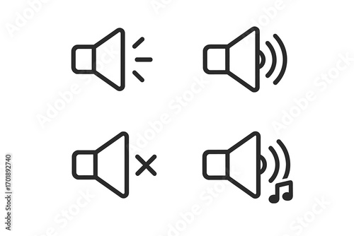 Loudspeaker icon set in modern outline style. Vector symbols for sound, volume control, mute, and music. Perfect for UI, UX, web design, apps, and social media. Audio pictogram collection.