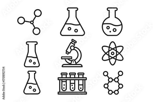 Chemistry line icon set. Science lab equipment symbols. Molecule, atom, microscope, flask, test tube. Editable stroke vector outline pictograms for web, app design.