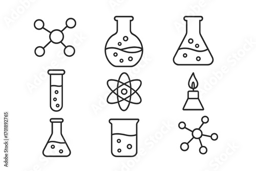 Chemistry line icon set. Science and education symbols. Vector collection of laboratory equipment like flask, test tube, atom, molecule. Minimal outline style. Editable stroke.