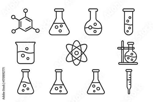 Chemistry line icon set. Science laboratory research symbols. Vector outline of atom, molecule, flask, test tube, beaker. Editable stroke for web, app, infographic.