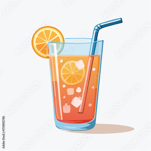 Refreshing Orange Cocktail In Tall Glass With Ice And Straw
