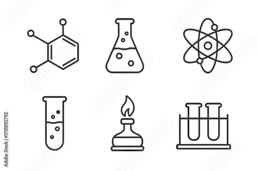 Chemistry science line icon set. Chemical laboratory research icons. Atom, molecule, test tube, flask, bunsen burner. Vector linear pictogram collection. Editable stroke.