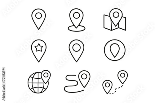 Map pin location icon set. GPS navigation, destination pointer, and route marker symbols. Vector outline signs for travel apps, web design, geotagging, and infographics.