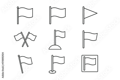 Set of flag line icons. Collection of various waving flags, pennants. Vector outline symbol for location marker, destination, goal, achievement, start, finish, checkpoint.