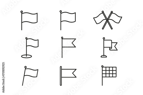 Flag icon set. Collection of line art flags, banners, and pennants. Vector symbols for location, map marker, start, finish line, and racing. Simple outline design element.