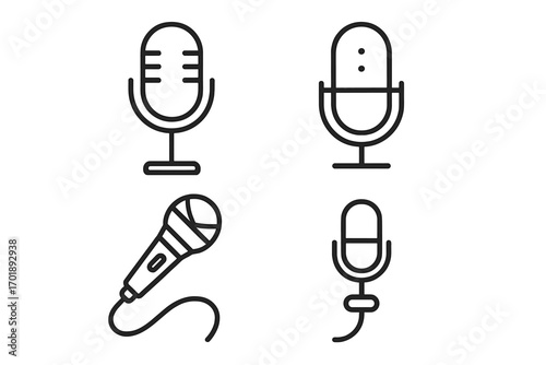 Microphone line icon pack. Vector outline symbols for podcast, broadcast, and music. Audio recording and voice equipment signs for web design, apps, and karaoke. Studio mic set.