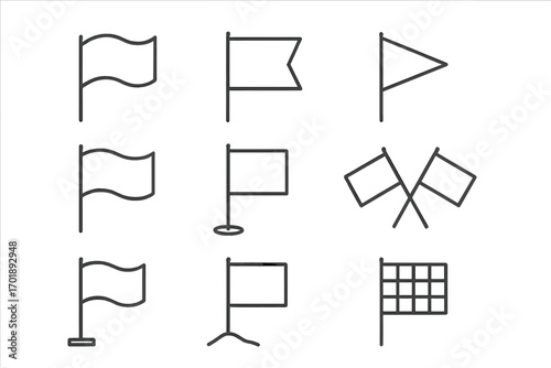 Flag icon set. Thin line art collection of various flags, banners, and pennants. Vector symbols for location, finish line, start, or markers in web and app design.
