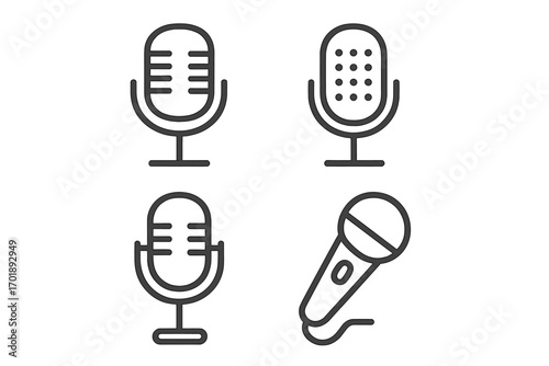 Microphone vector icon collection. Outline style mics for podcast, studio broadcast, and voice recording. Audio sound equipment graphic elements for web, app, and UI design.