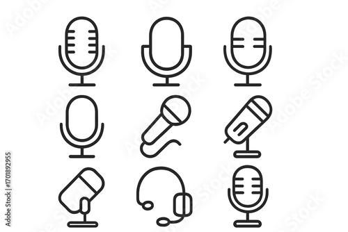 Microphone line icon set for podcast and music. Audio recording and broadcast concept. Vector outline symbols for studio, web UI, or app design. Mic and headset icons.