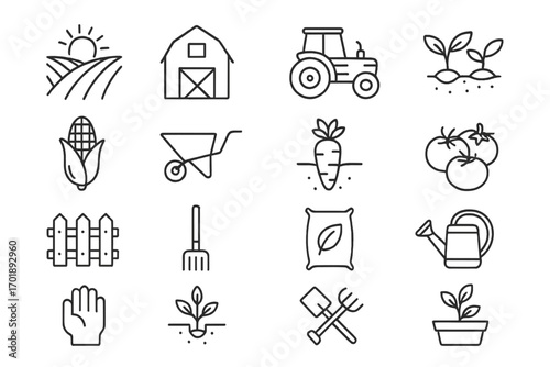 Farming and agriculture line icon set. Vector symbols for gardening, harvest, food production, and farm equipment. Outline pictogram collection for web and infographics.