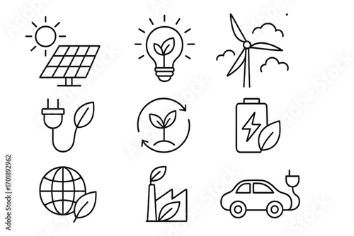 Green energy thin line icon collection. Vector symbols for sustainability and ecology. Renewable resources, solar panel, wind turbine, electric car, bio energy, eco power concept.