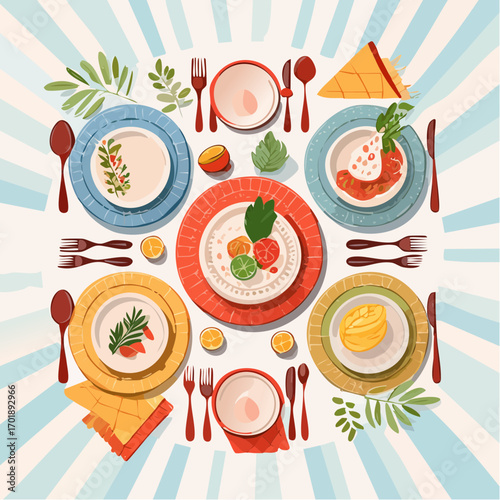 Colorful Place Settings Arranged Around a Table for a Festive Meal