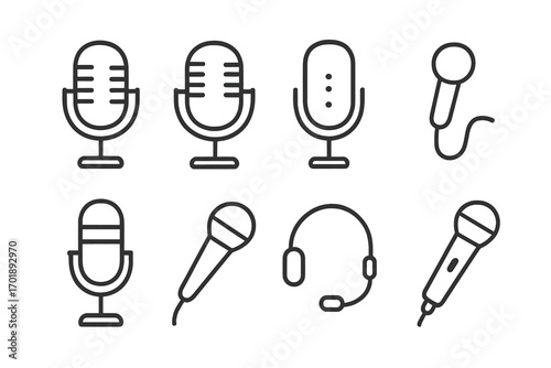Microphone line icon set. Collection of outline mic symbols for podcast, broadcast, audio recording, and voice. Vector sound equipment signs for web, app, UI, and UX design.
