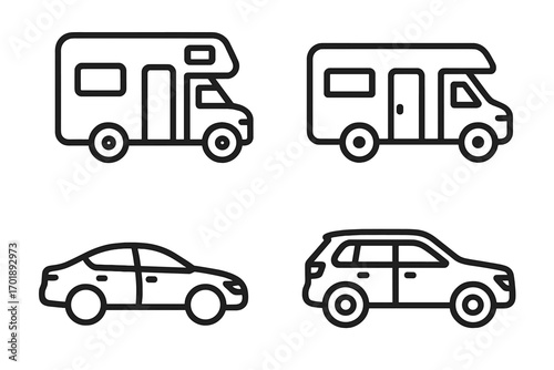 Motorhome and car line icon collection. RV, camper van, sedan and SUV vehicle outline signs. Simple transport symbols for graphic and web design, apps, and travel concepts.