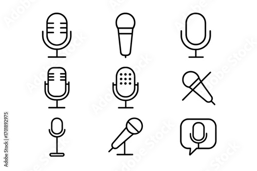 Microphone thin line icon set for web and graphic design. Vector outline signs for audio recording, podcast, studio equipment, voice message, and mute symbol. Mic collection.