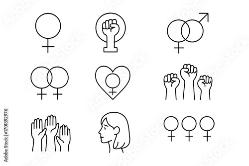 Feminism thin line icon set. Gender equality and female empowerment symbols. Women's rights, girl power, and solidarity. Protest fist, lesbian love, and feminist vector icons.