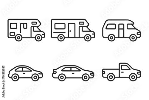 Car and motorhome icon set. Outline transport vehicle symbols for web and mobile apps. Includes camper van, pickup truck, sedan. Vector line art pictogram collection.